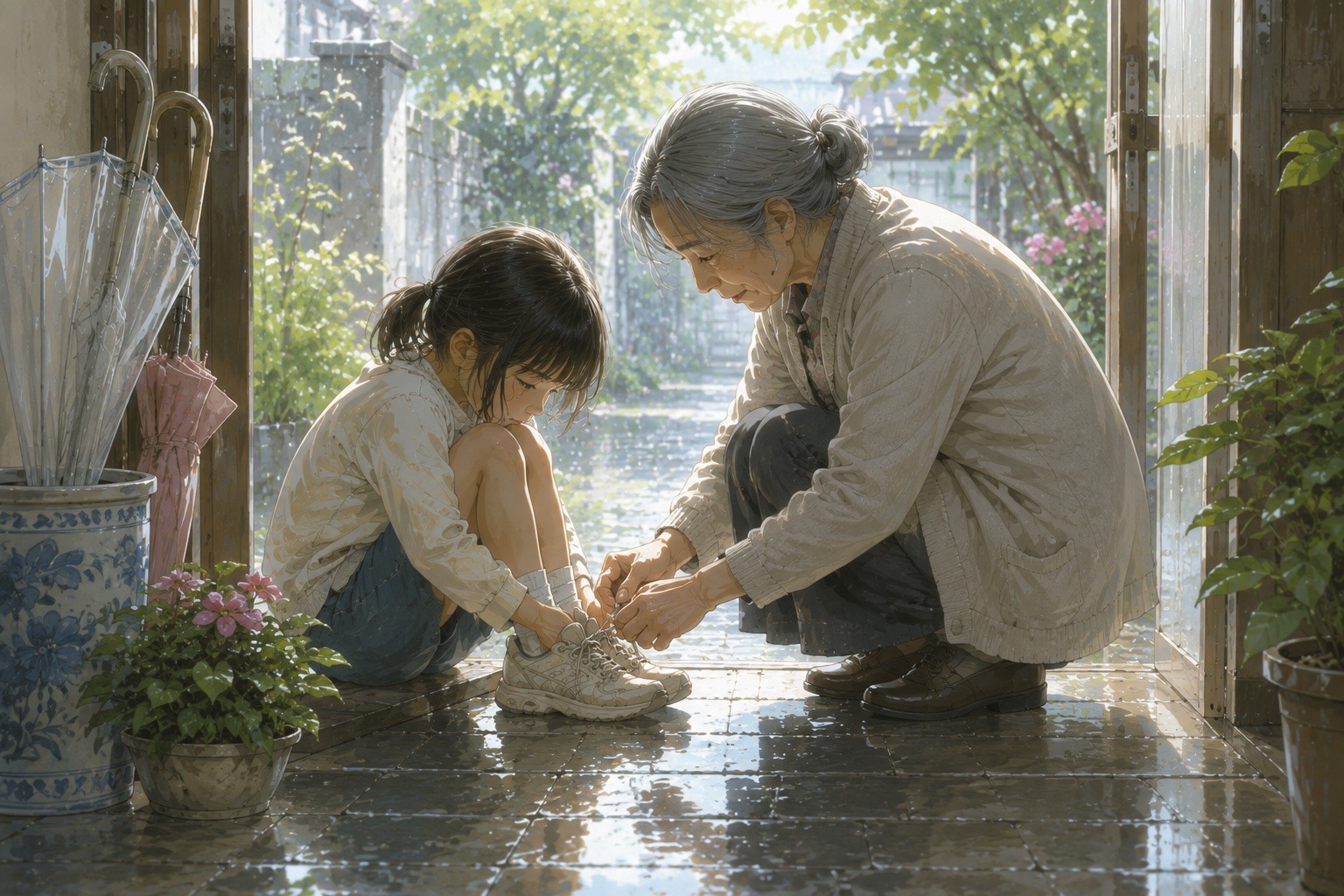 雨上がりの玄関で祖母が子どもの靴紐を結ぶ挿絵