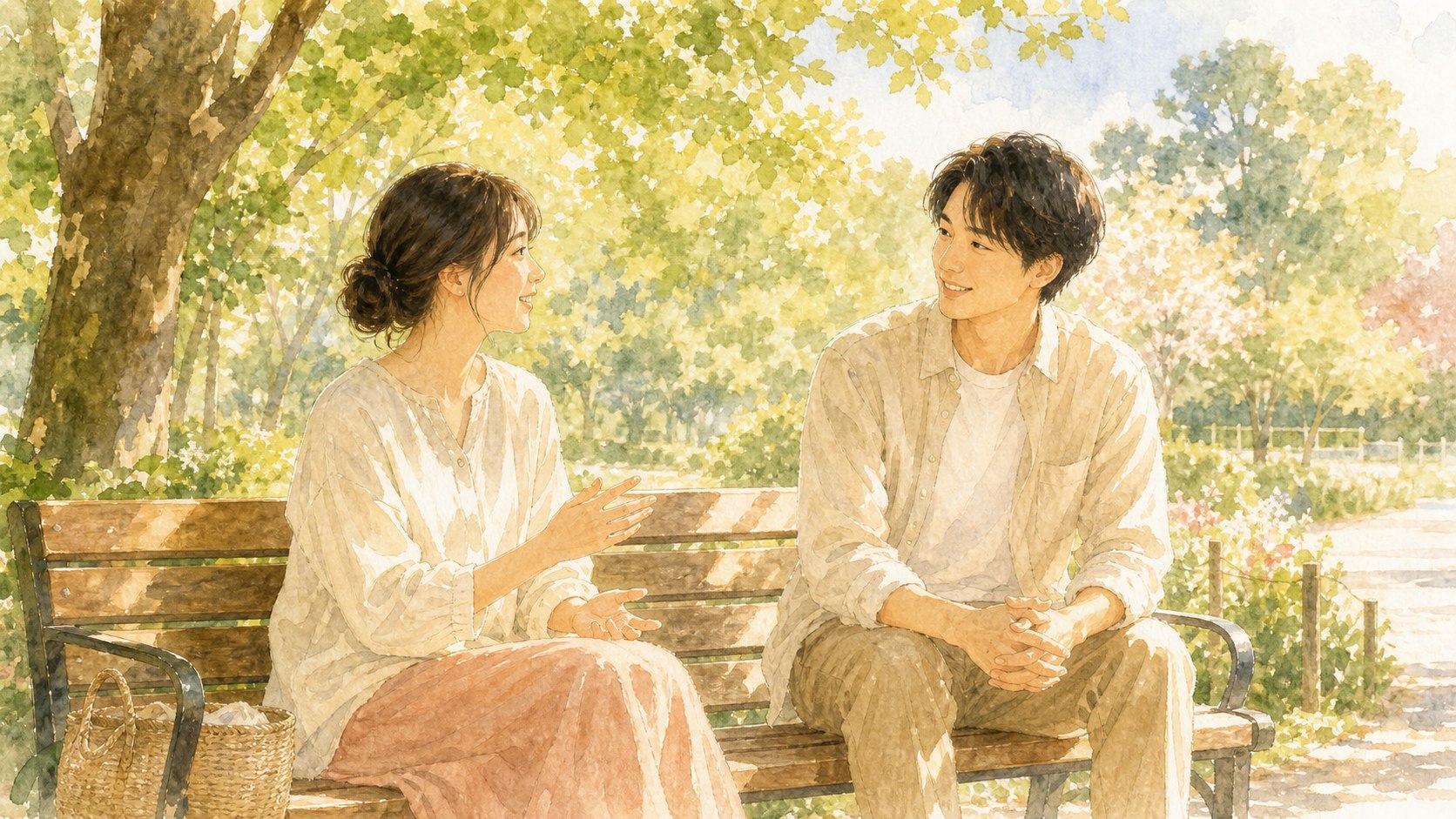 公園のベンチで穏やかに話す二人