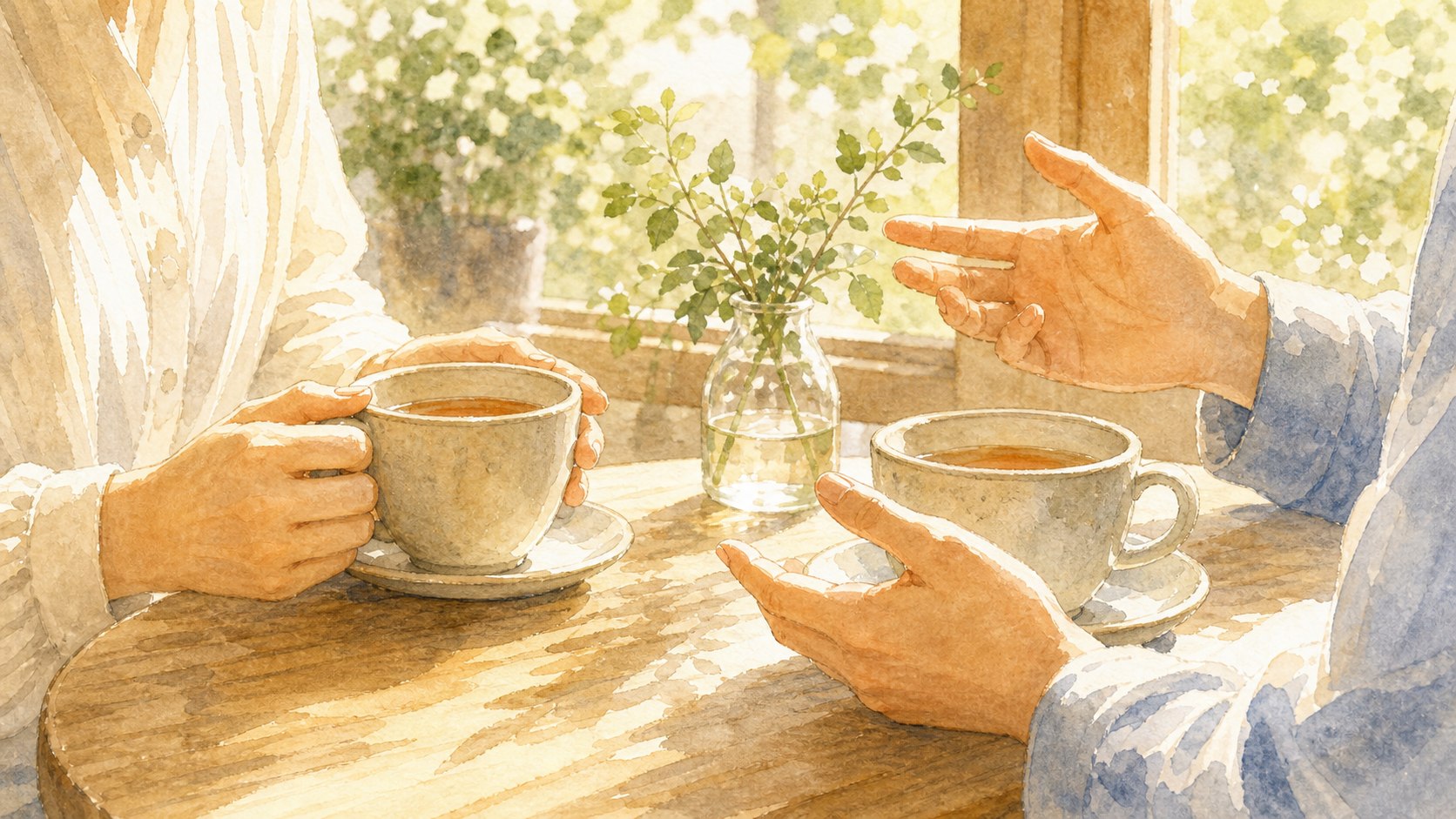 向かい合ってお茶を飲みながら話す二人の手元