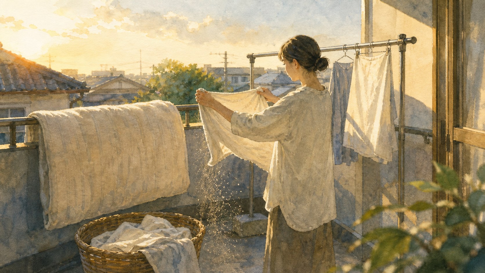 夕方のベランダで布を干し、風を通して整える浄化のやり方の挿絵