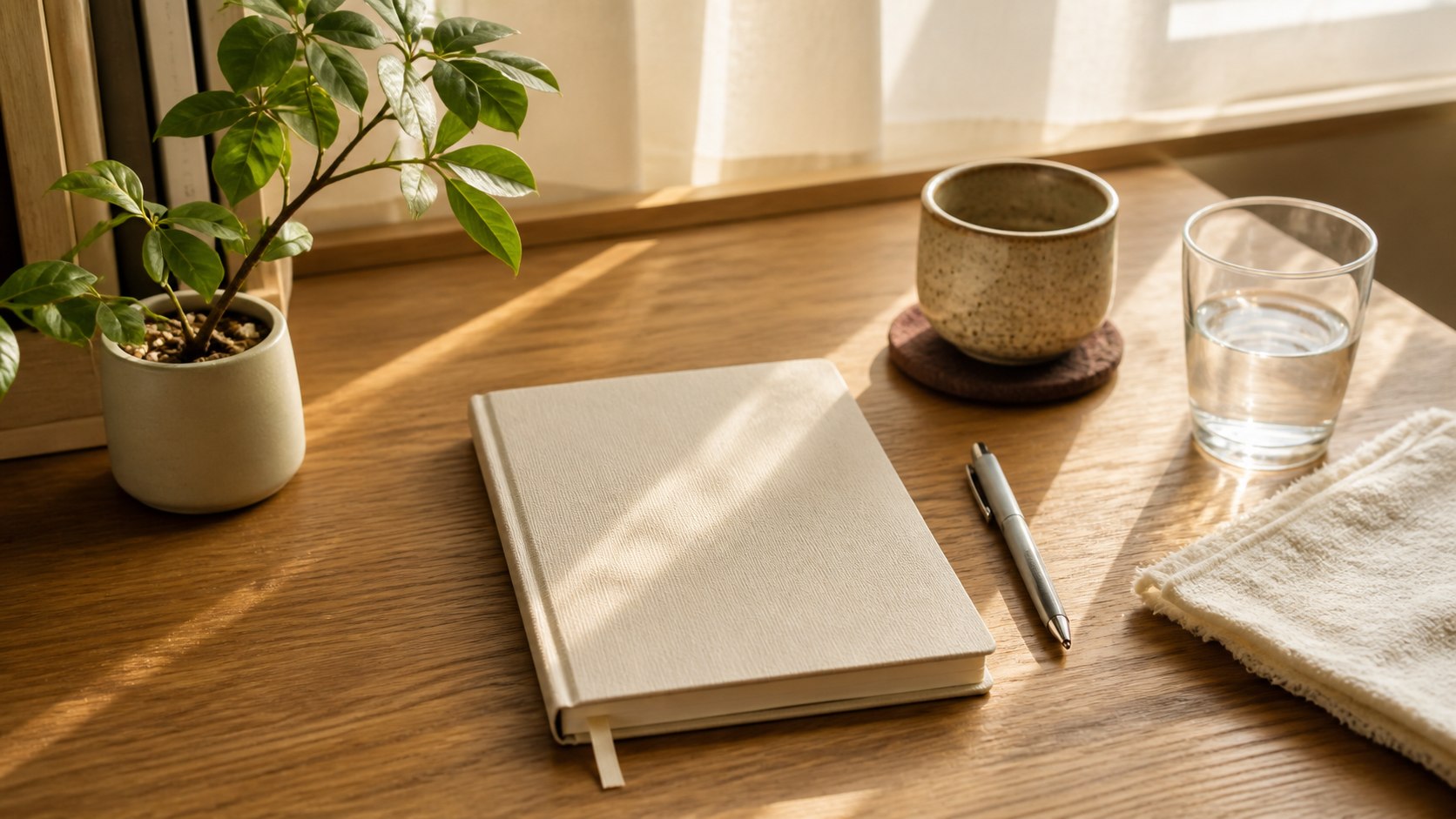 書き終えたノートとお茶を置いた机で振り返る静かな場面