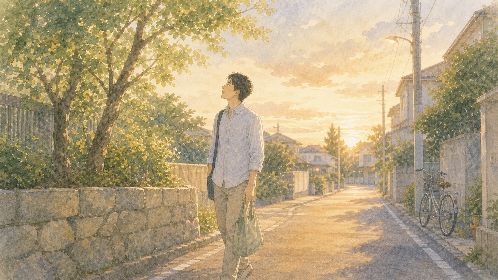夕方の住宅街を歩く男性が足元と呼吸に意識を戻すスピリチュアルな手法のイメージ