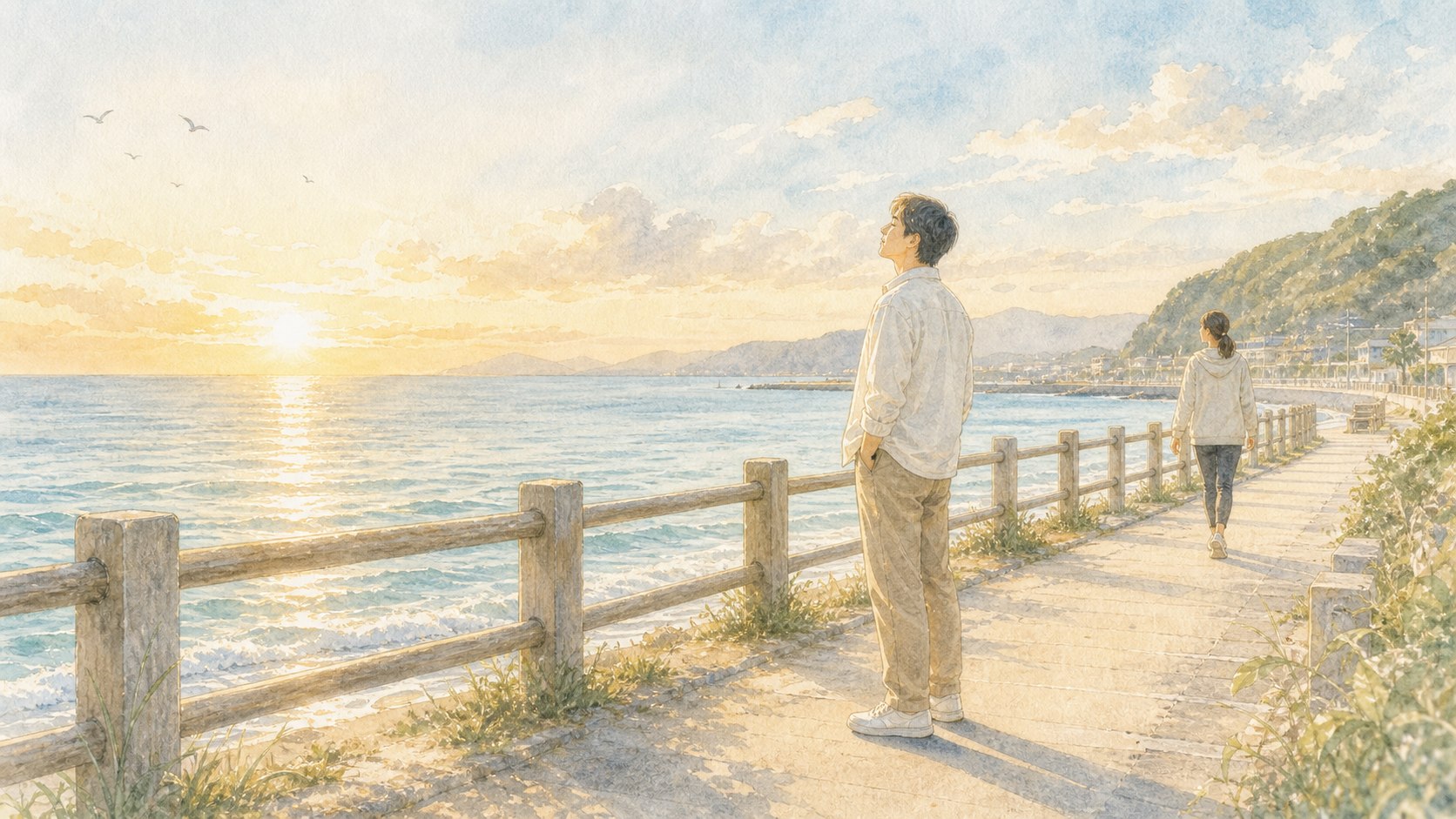 朝の海辺で男性がゆっくり呼吸を整えるスピリチュアルな手法のイメージ
