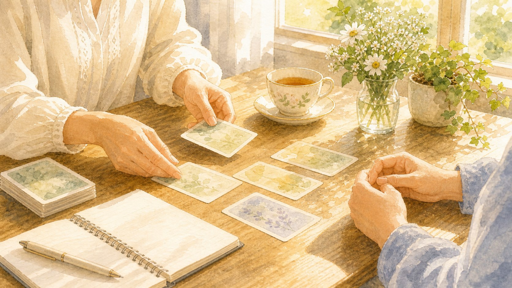 カードとノートを見ながら気づきを書く手元