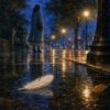 雨上がりの夜の街で白い羽と落ち葉に気づく場面
