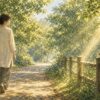 木漏れ日の公園を歩く人物と柵にとまる小鳥