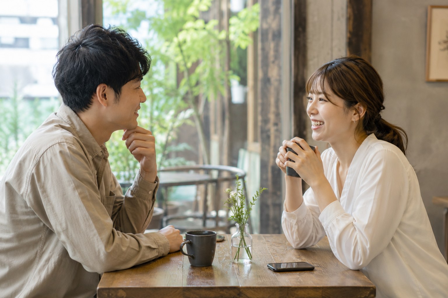 カフェで自然に会話する男女