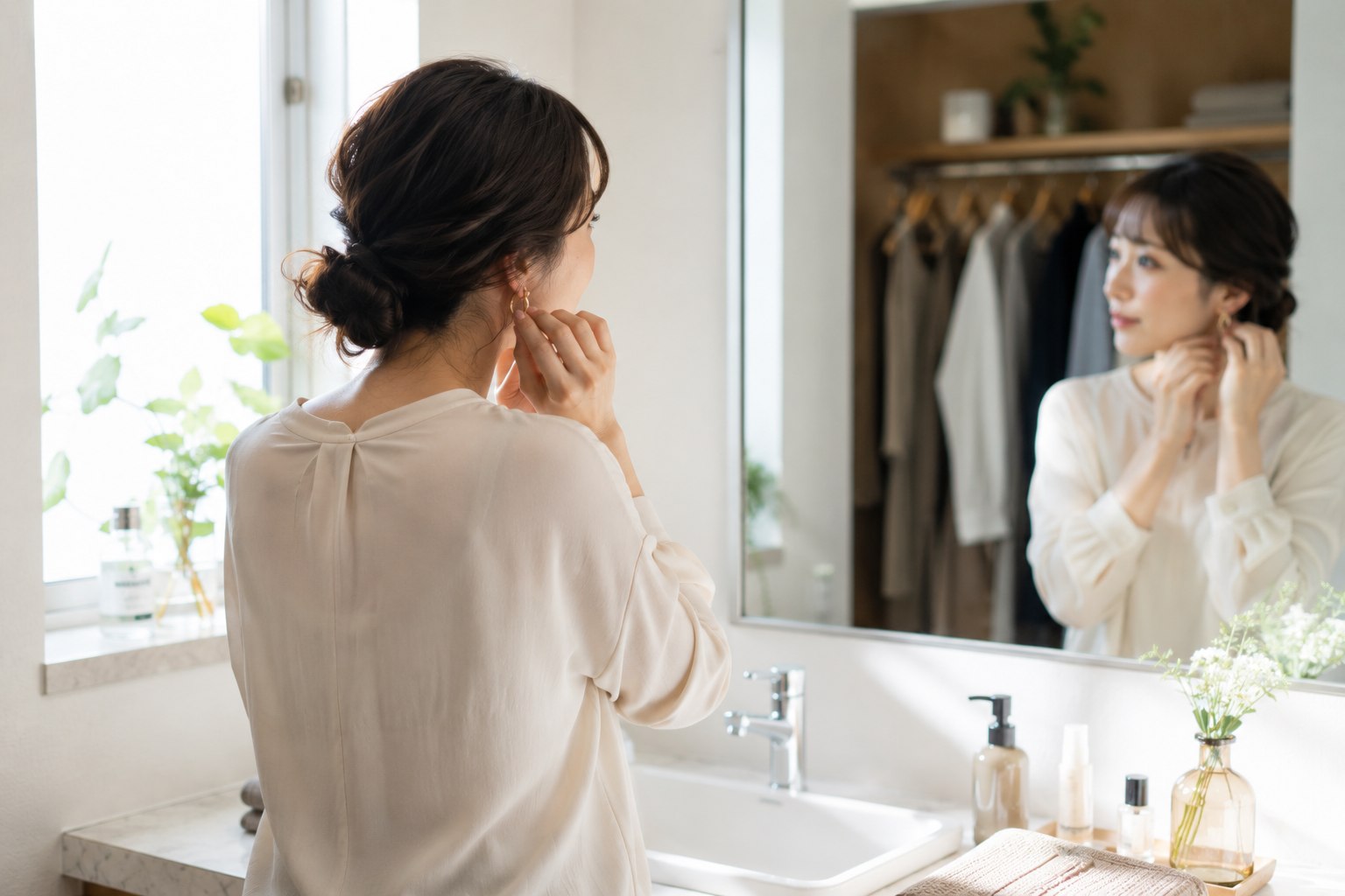 鏡の前で身だしなみを整える女性
