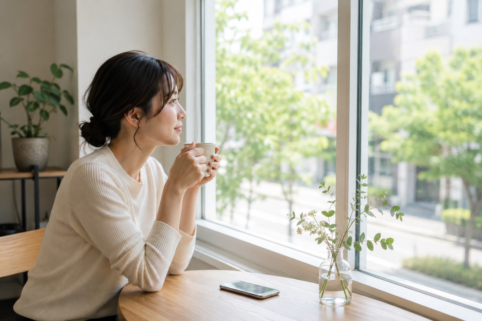 窓辺でスマホを伏せて外を眺める女性