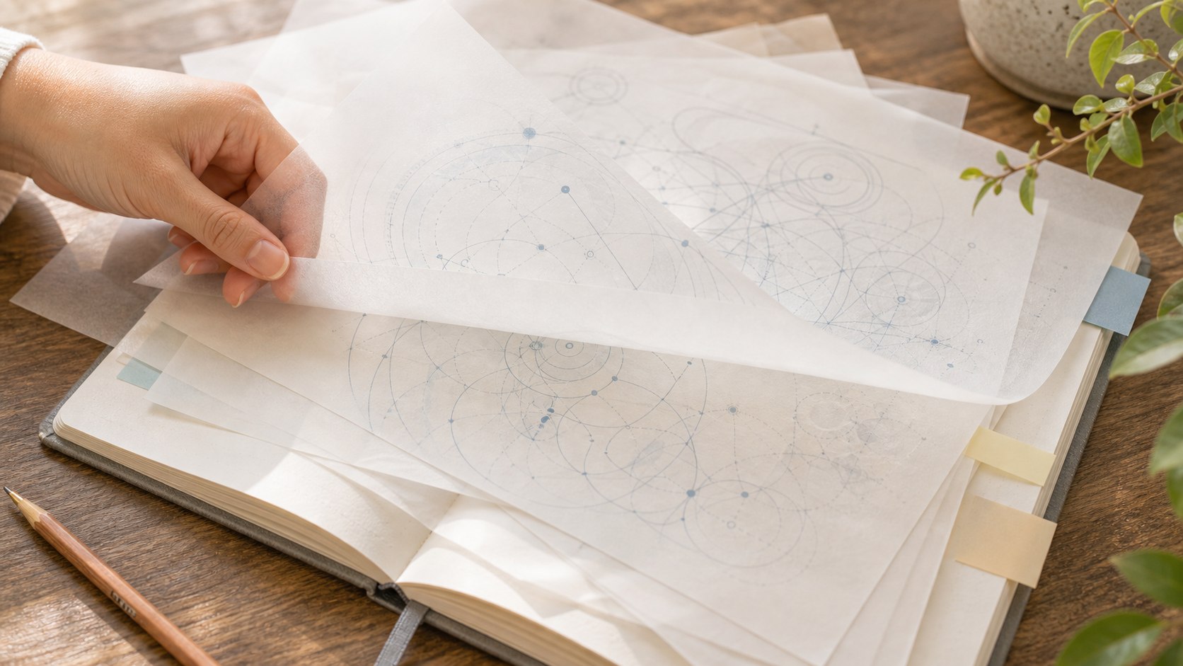 思い込みを書き出すノートと重なった半透明の紙