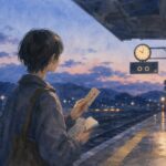 夕暮れの駅ホームで偶然の一致に気づくシンクロニシティの挿絵