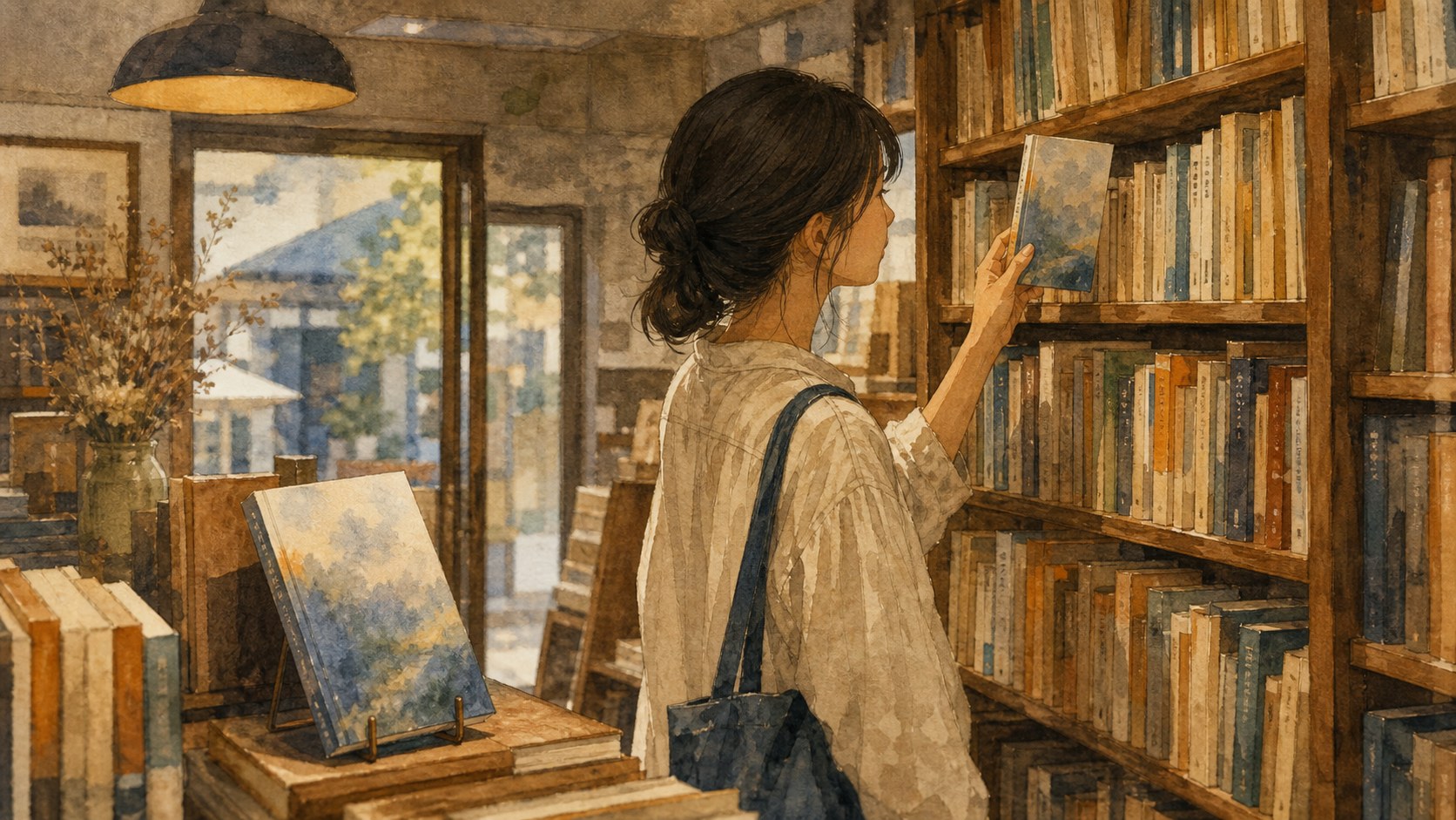 古書店で同じ本の表紙に気づくシンクロニシティの挿絵