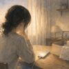 夕方の部屋で、母の遺品と充電中の携帯を前に静かに座る娘の水彩風イラスト