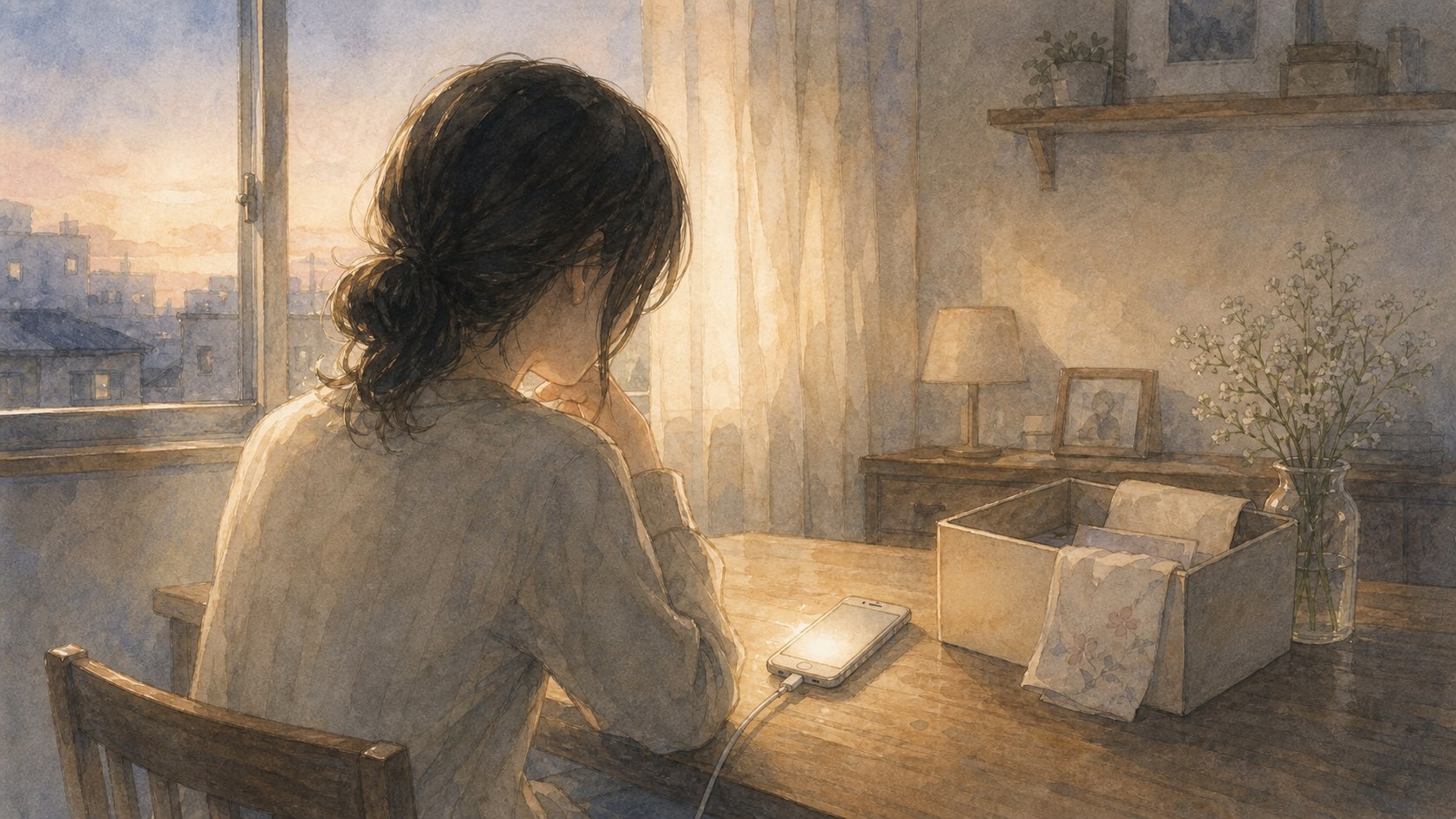 夕方の部屋で、母の遺品と充電中の携帯を前に静かに座る娘の水彩風イラスト