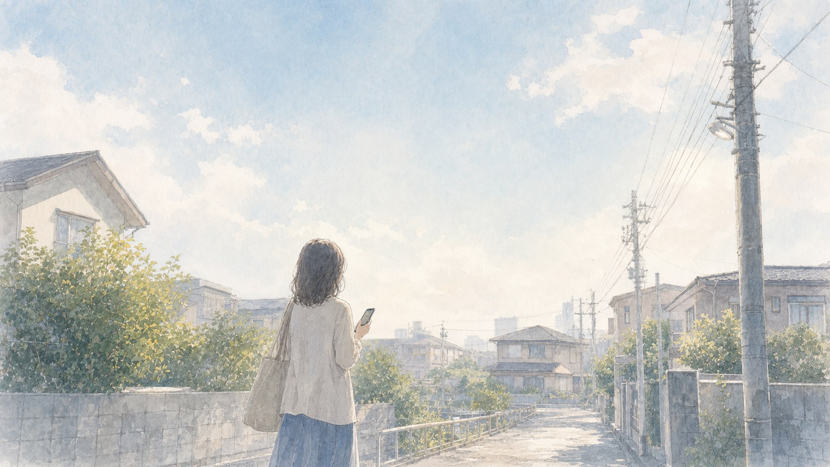 晴れた朝の住宅街で、携帯を手に空を見上げる娘の水彩風イラスト
