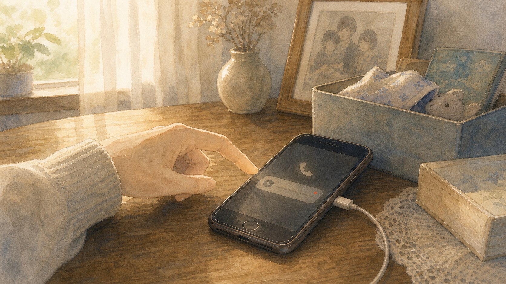 母の遺品のそばで、充電中の携帯に表示された留守番電話の画面へ手を伸ばす場面の水彩風イラスト