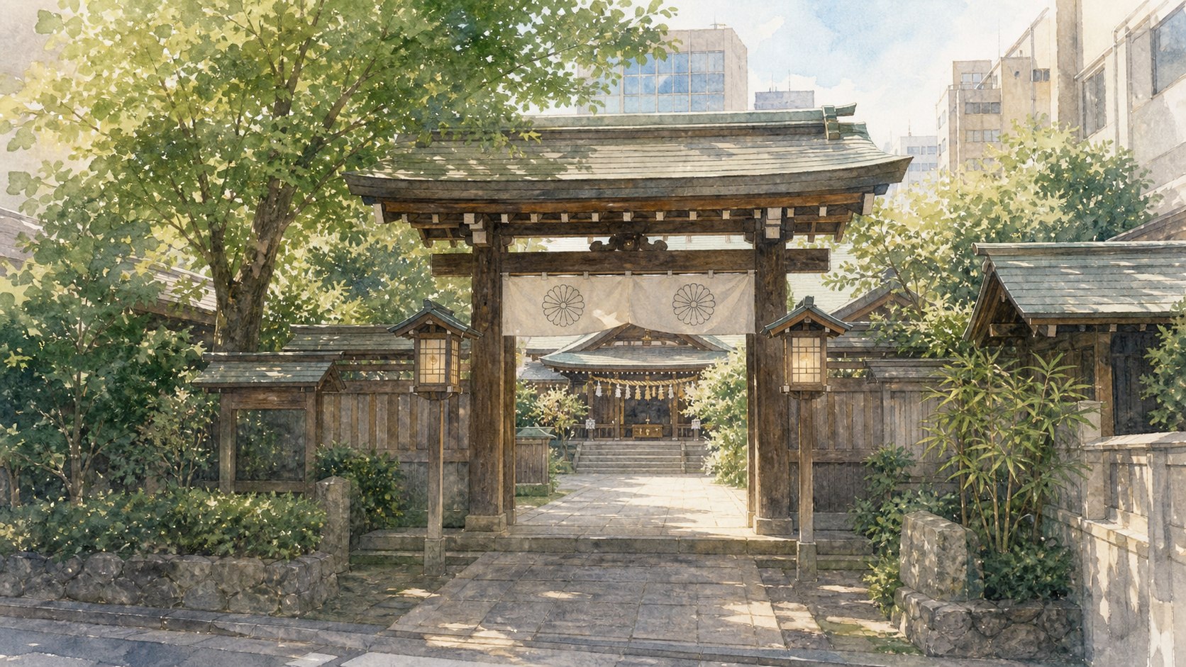 東京大神宮の静かな入口を描いた水彩イラスト