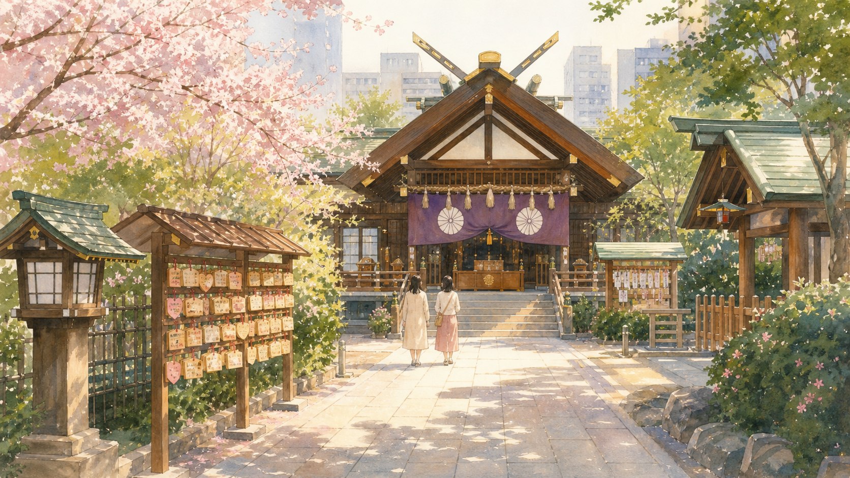 東京大神宮をイメージした縁結びの神社参道の水彩イラスト