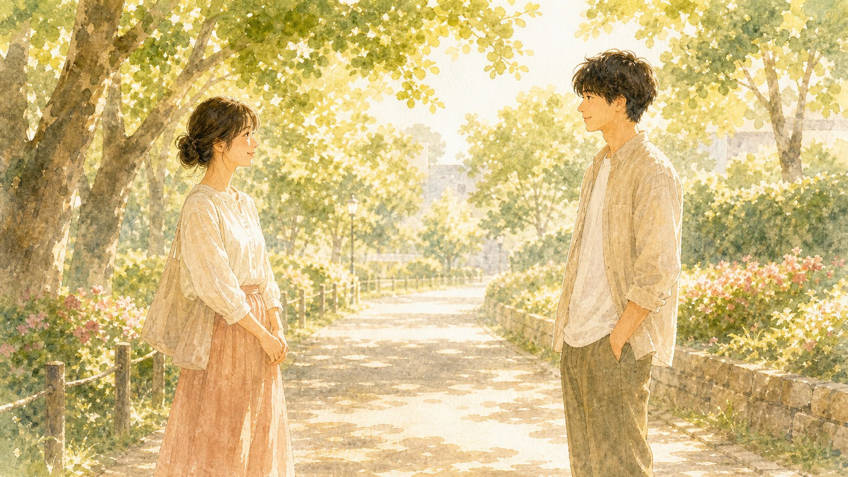 夕方の公園で少し距離を置いて向き合う二人