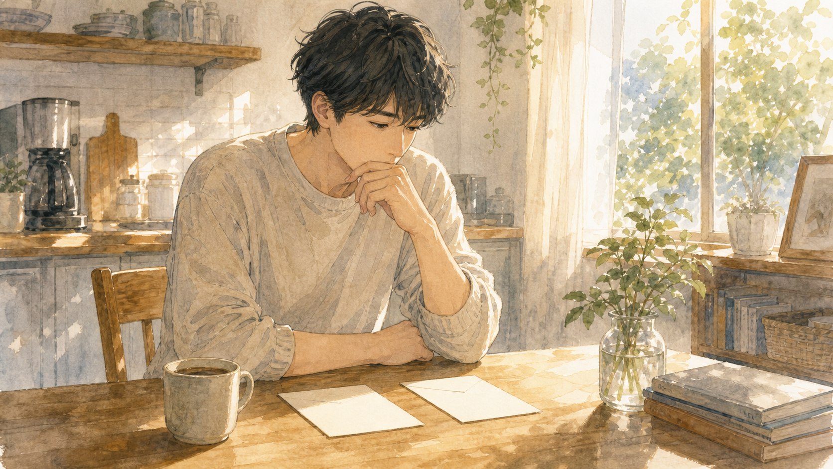 川辺で思い出を静かに見つめるイラスト