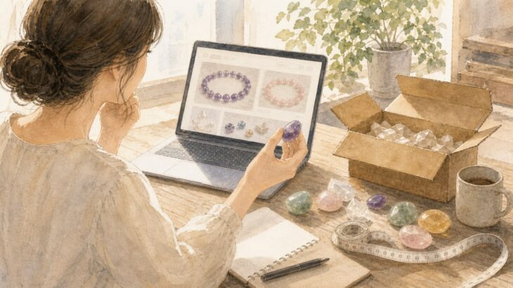 パワーストーン通販サイトでブレスレットや天然石を確認する水彩イラスト
