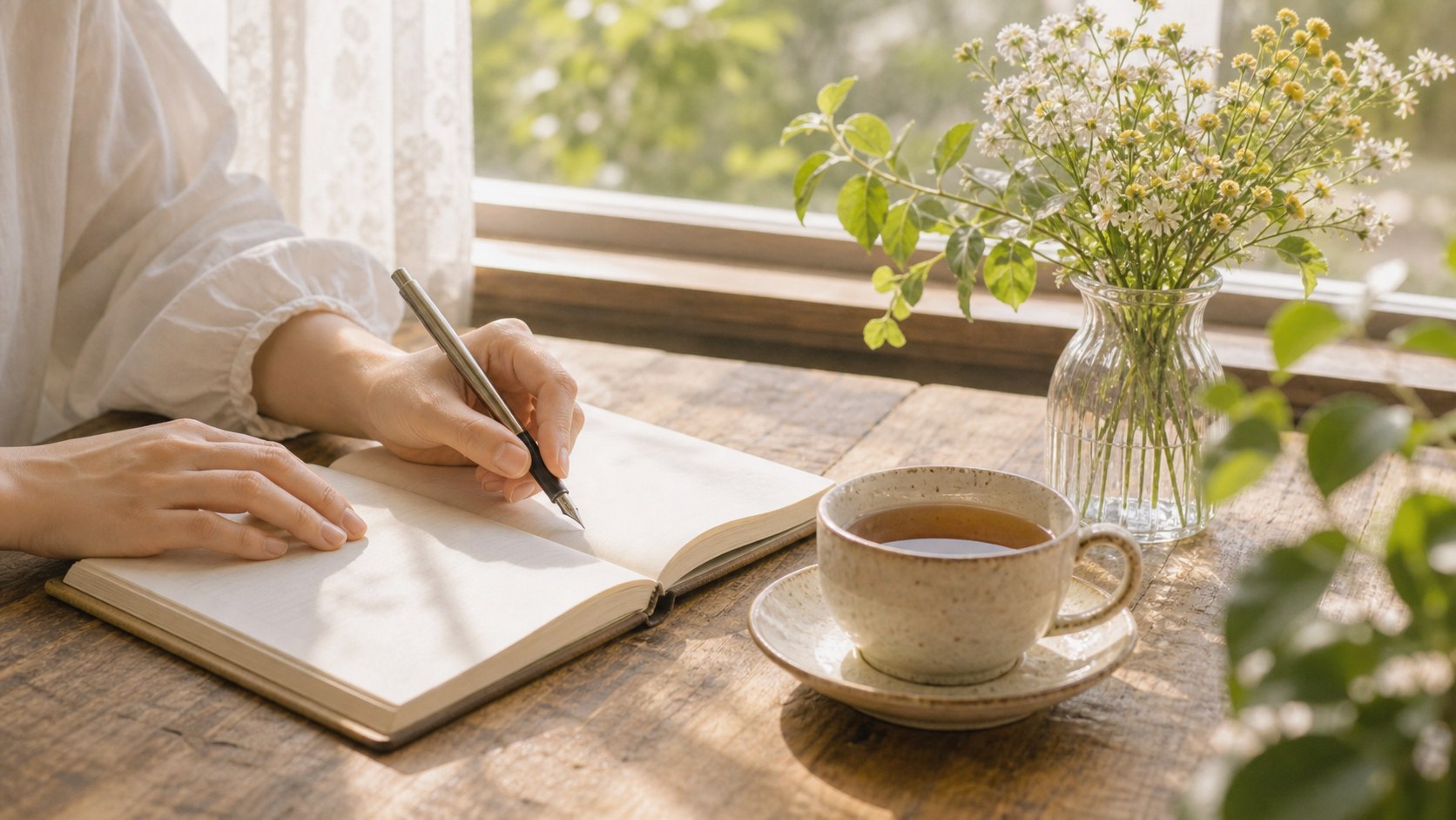 花とノートのそばで今の気分を書き出す手元