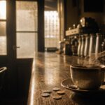 古い喫茶店のカウンターに置かれたコーヒーと小さな硬貨、窓から入る光と風のような湯気