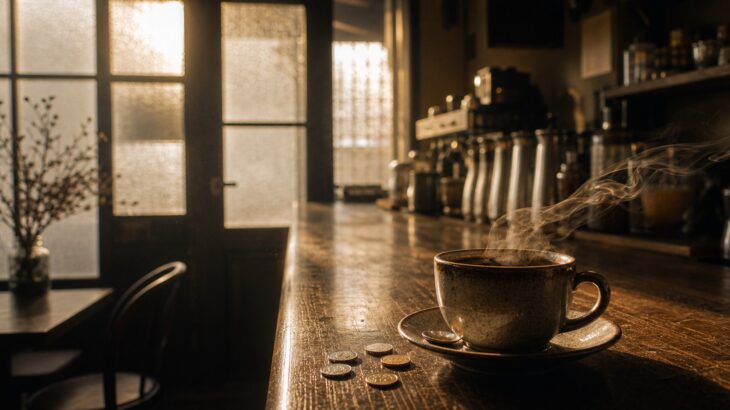 古い喫茶店のカウンターに置かれたコーヒーと小さな硬貨、窓から入る光と風のような湯気