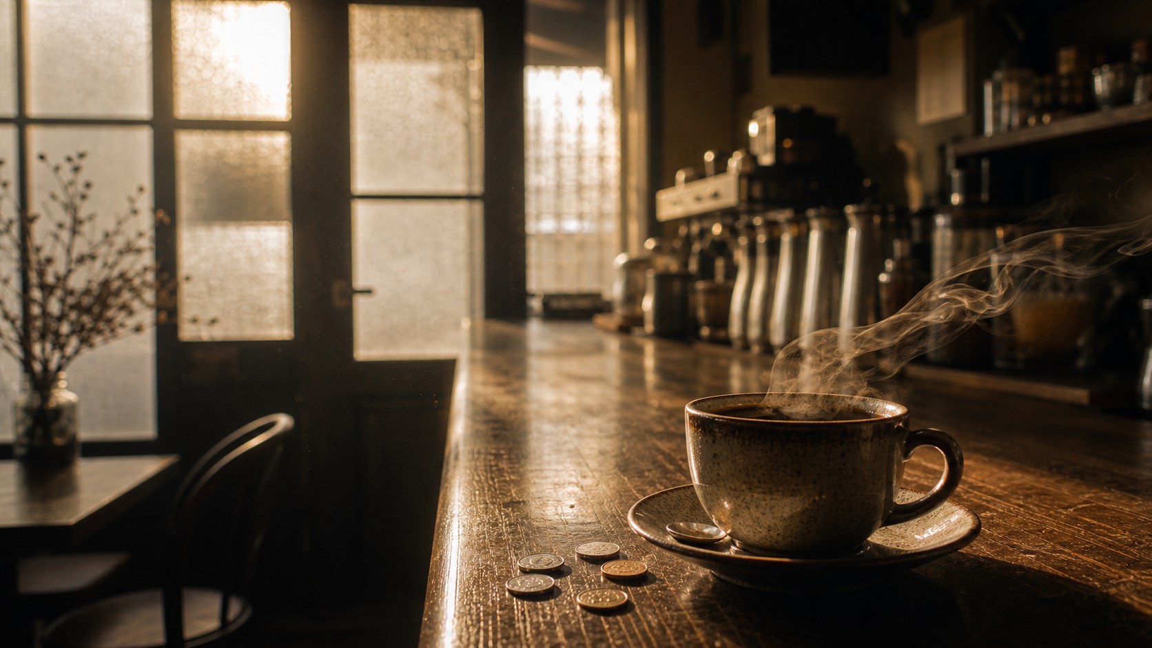 古い喫茶店のカウンターに置かれたコーヒーと小さな硬貨、窓から入る光と風のような湯気