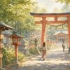 恋愛運で知られる神社と縁結びの絵馬を描いた水彩イラスト