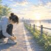 川沿いでスニーカーの靴紐を結ぶ人物の挿絵