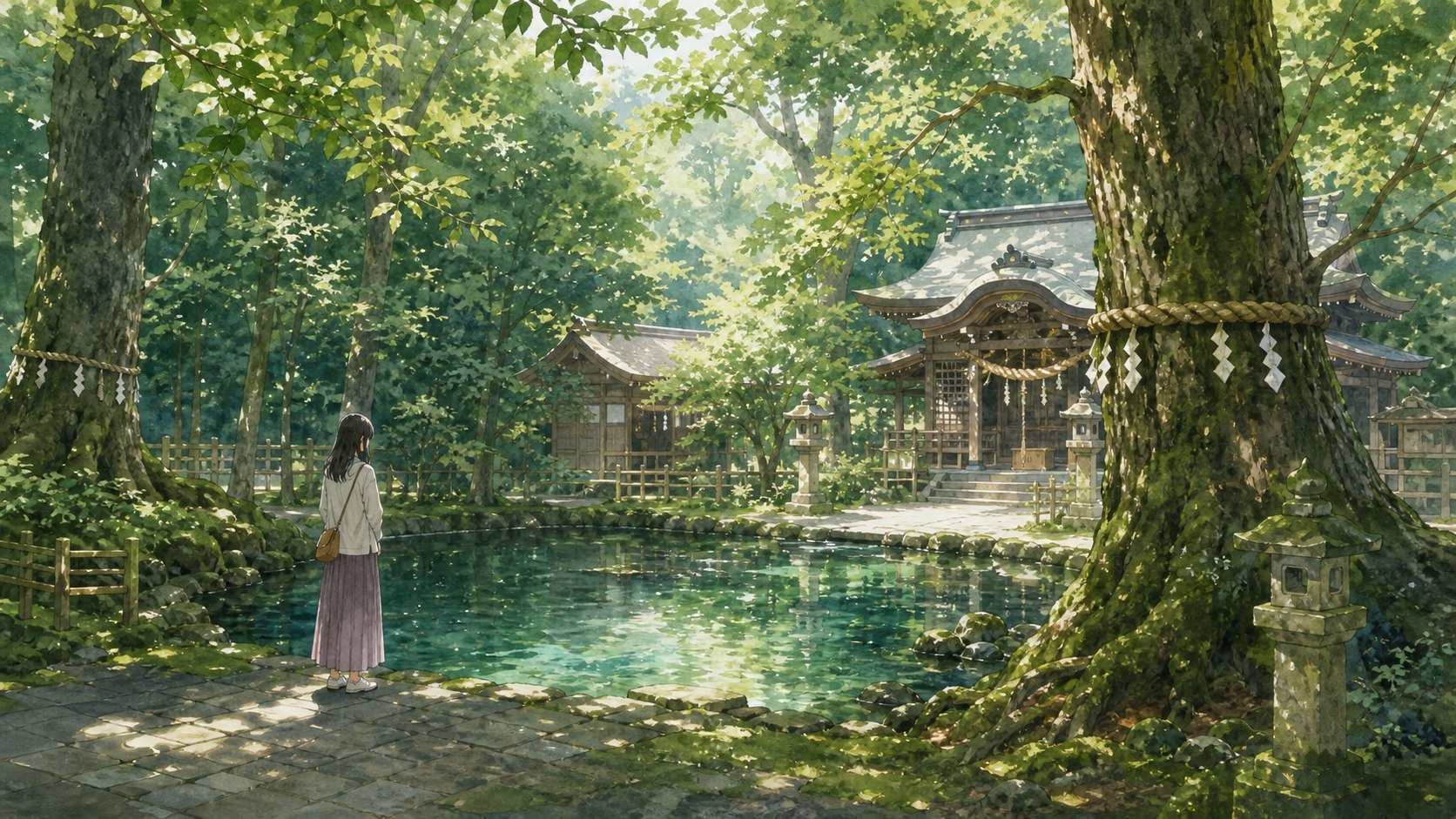 八重垣神社をイメージした森と鏡の池の水彩イラスト
