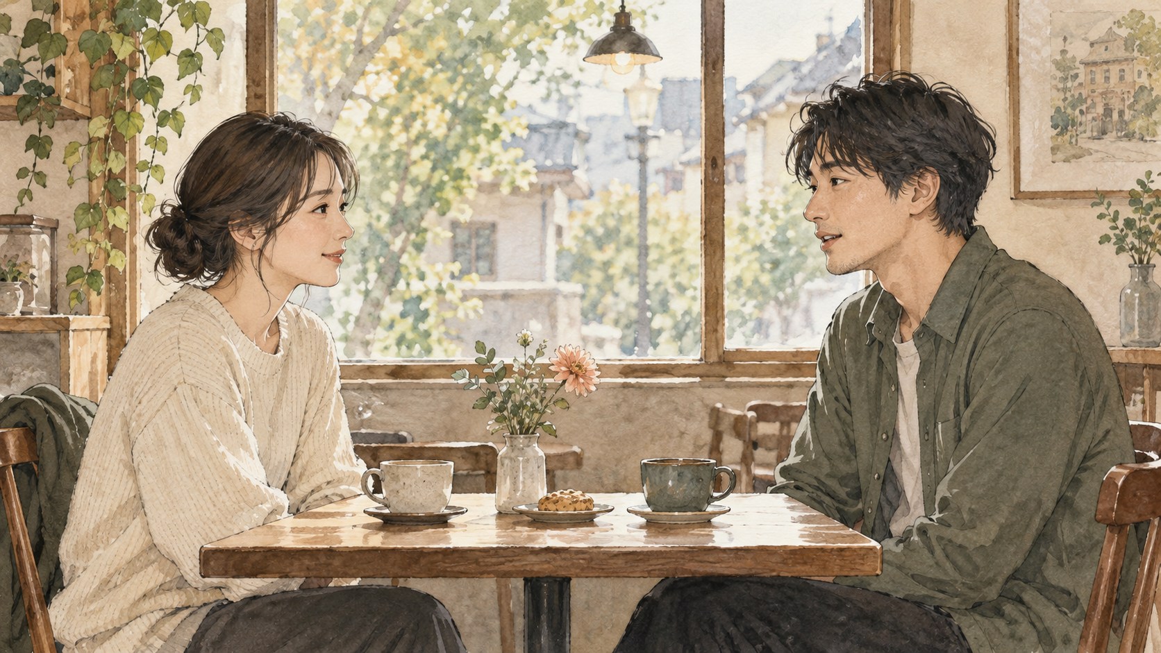 カフェの小さなテーブルを挟んで、穏やかに会話する男女の水彩イラスト