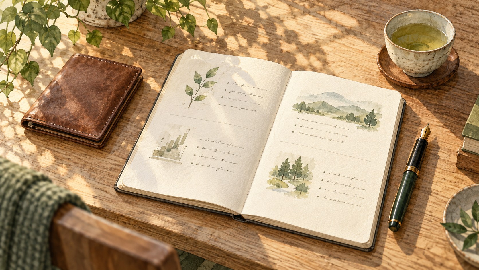 財布、ペン、計画を書くノートを並べた机の水彩イラスト
