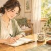 朝の光が入る部屋で、お金の目標をノートに書く女性の水彩イラスト