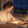 月の見えない夜、窓辺で願いをノートに書く女性の水彩イラスト