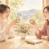窓辺でお茶のカップを持ち、未来を祝福し合う二人の女性の水彩イラスト